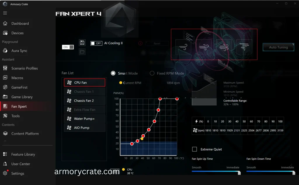 Fan Xpert in Armoury Crate 2 Fan Xpert dashboard in Armoury Crate showing fan speed controls and temperature settings
